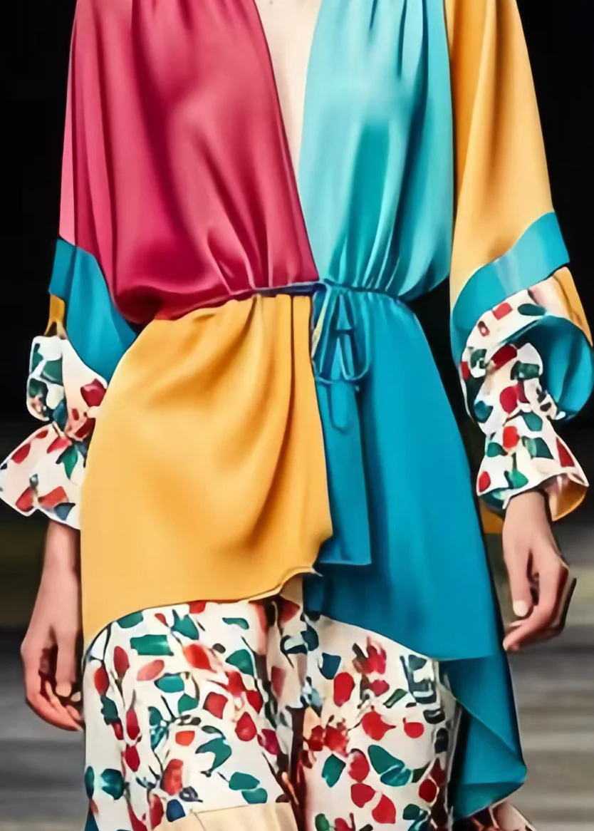 Art Colorblock Cinched Patchwork Print Silk Long Dress Spring - Image 5