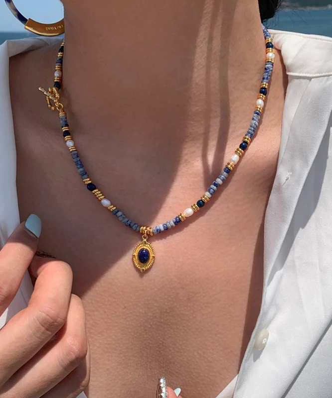 Art Colorblock Copper Alloy Pearl Gem Stone Beading Pendant Necklace - Image 3