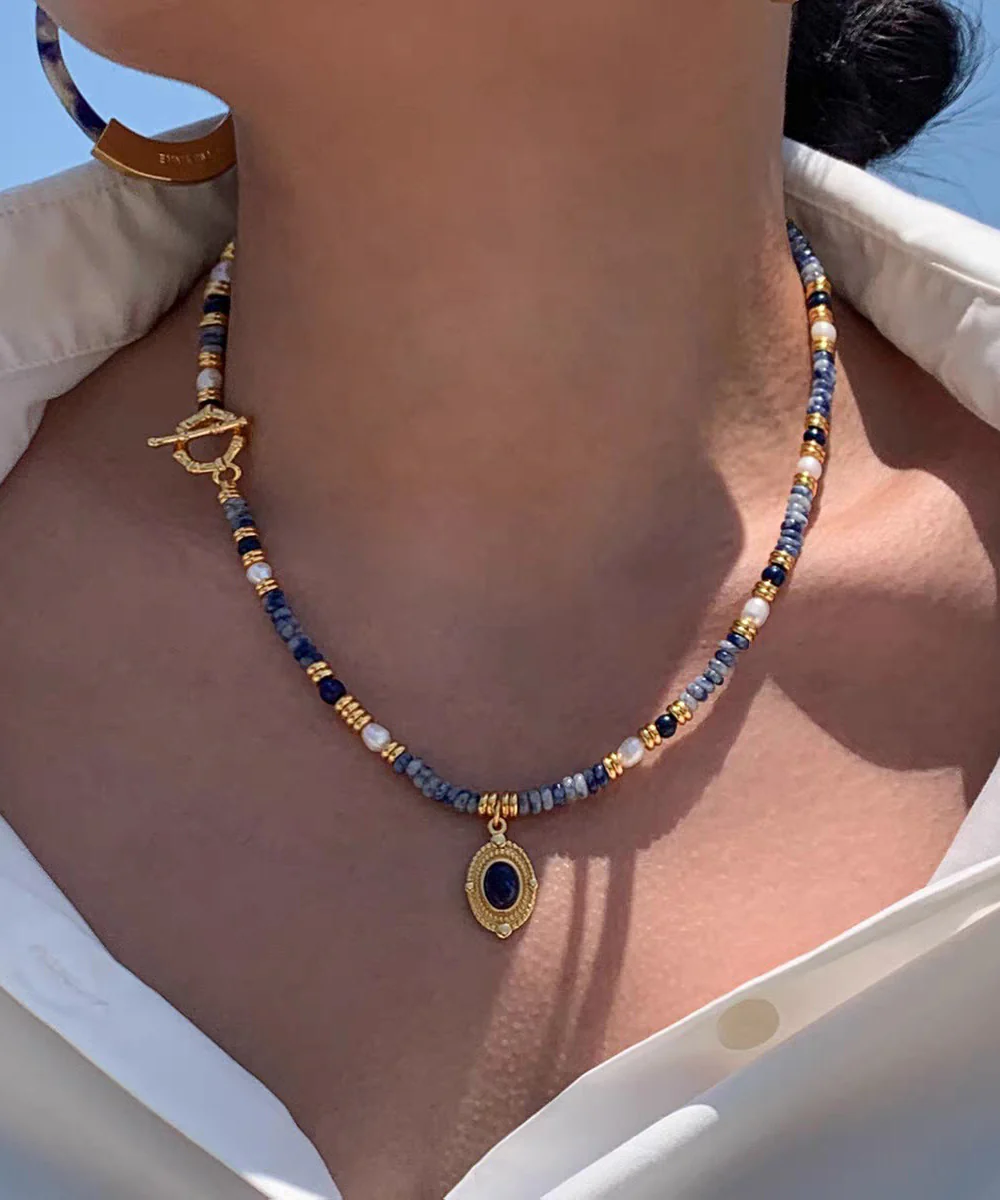 Art Colorblock Copper Alloy Pearl Gem Stone Beading Pendant Necklace - Image 5
