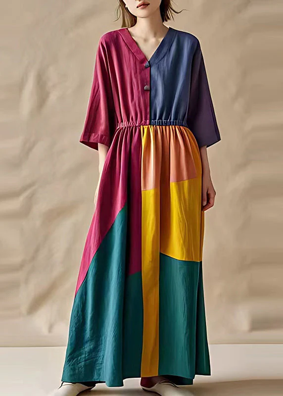 Art Colorblock Elastic Waist Patchwork Cotton Dresses Summer - Image 2