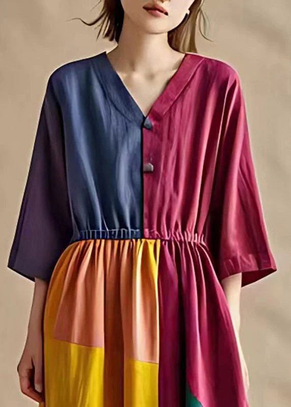 Art Colorblock Elastic Waist Patchwork Cotton Dresses Summer - Image 3