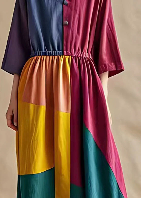 Art Colorblock Elastic Waist Patchwork Cotton Dresses Summer - Image 4
