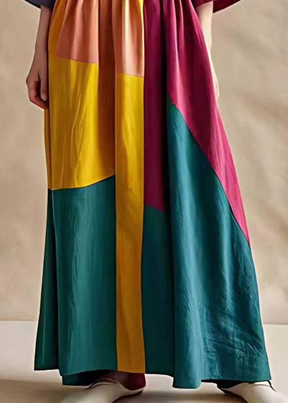Art Colorblock Elastic Waist Patchwork Cotton Dresses Summer - Image 5
