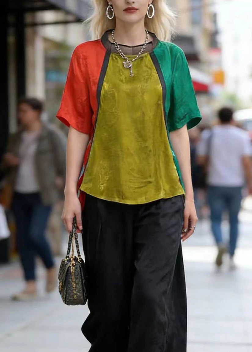 Art Colorblock Jacquard Top And Crop Pants Silk Two Pieces Set Summer - Image 2