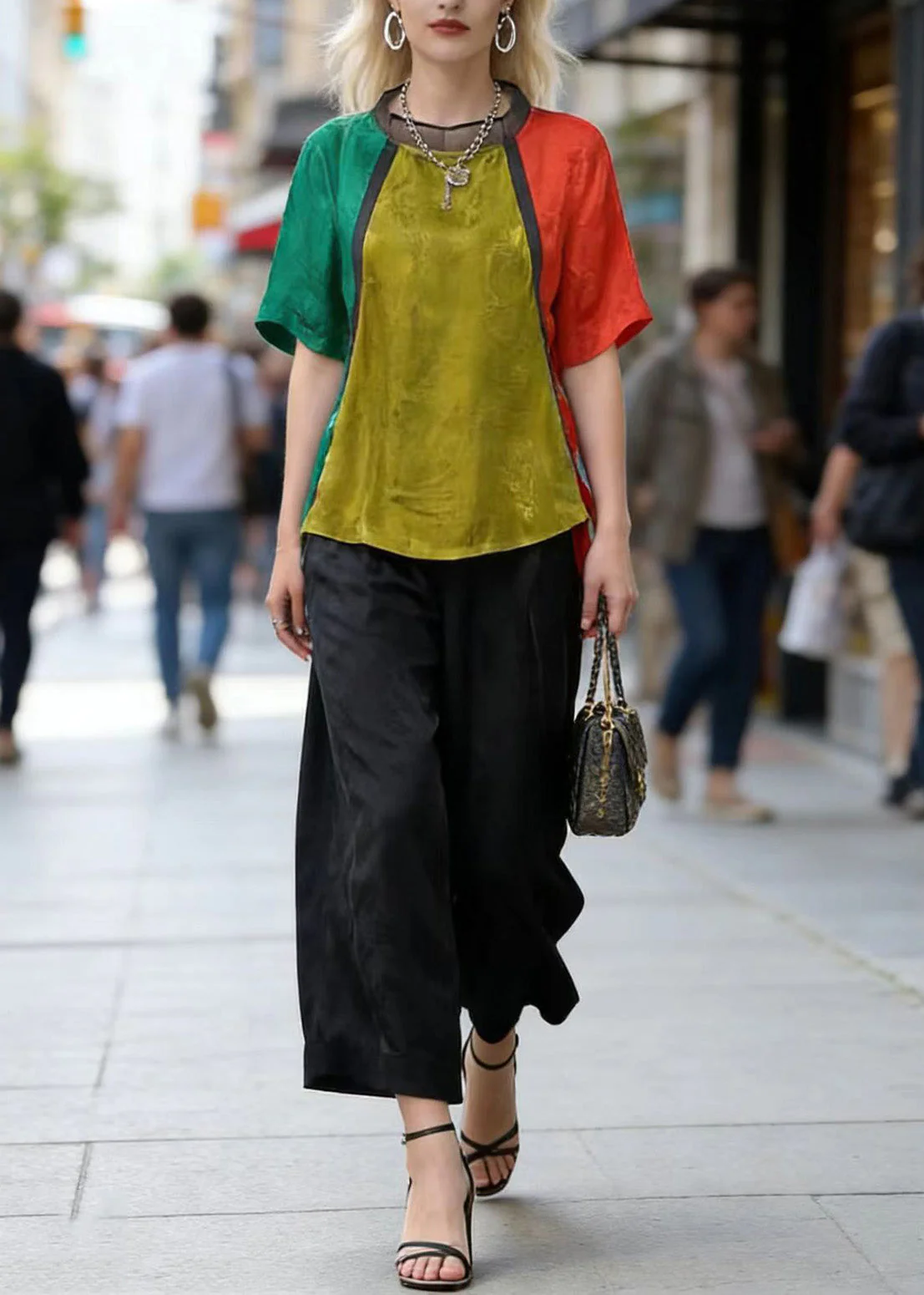 Art Colorblock Jacquard Top And Crop Pants Silk Two Pieces Set Summer - Image 3