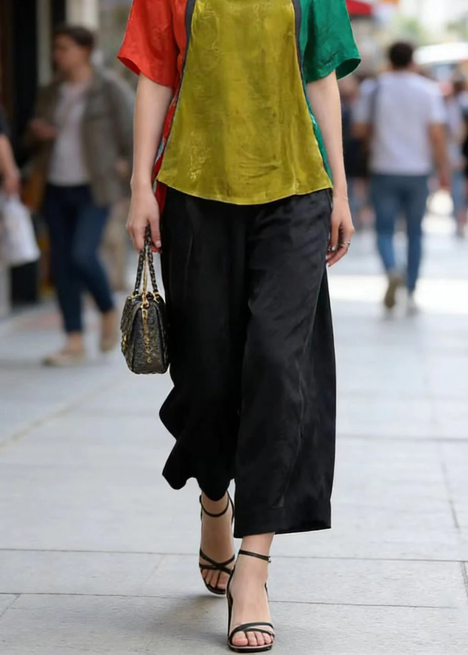 Art Colorblock Jacquard Top And Crop Pants Silk Two Pieces Set Summer - Image 4