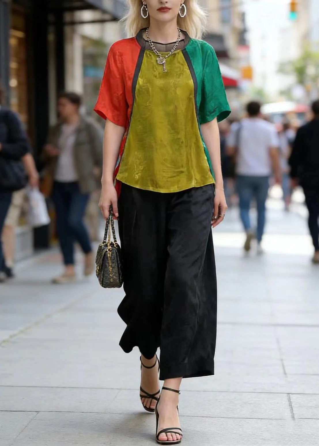 Art Colorblock Jacquard Top And Crop Pants Silk Two Pieces Set Summer - Image 5