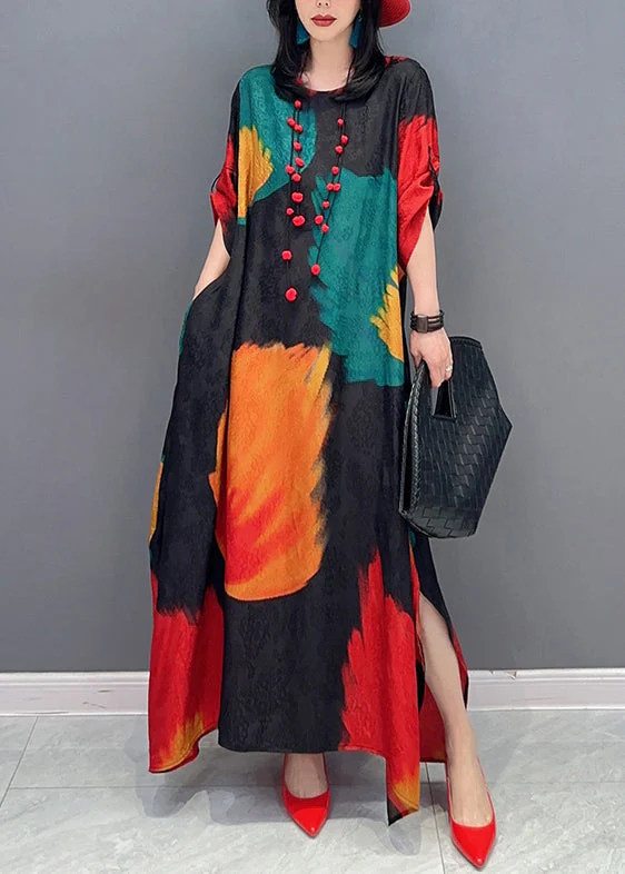 Art Colorblock O Neck Side Open Patchwork Chiffon Dress Fall - Image 2