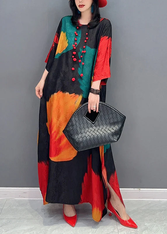 Art Colorblock O Neck Side Open Patchwork Chiffon Dress Fall - Image 3