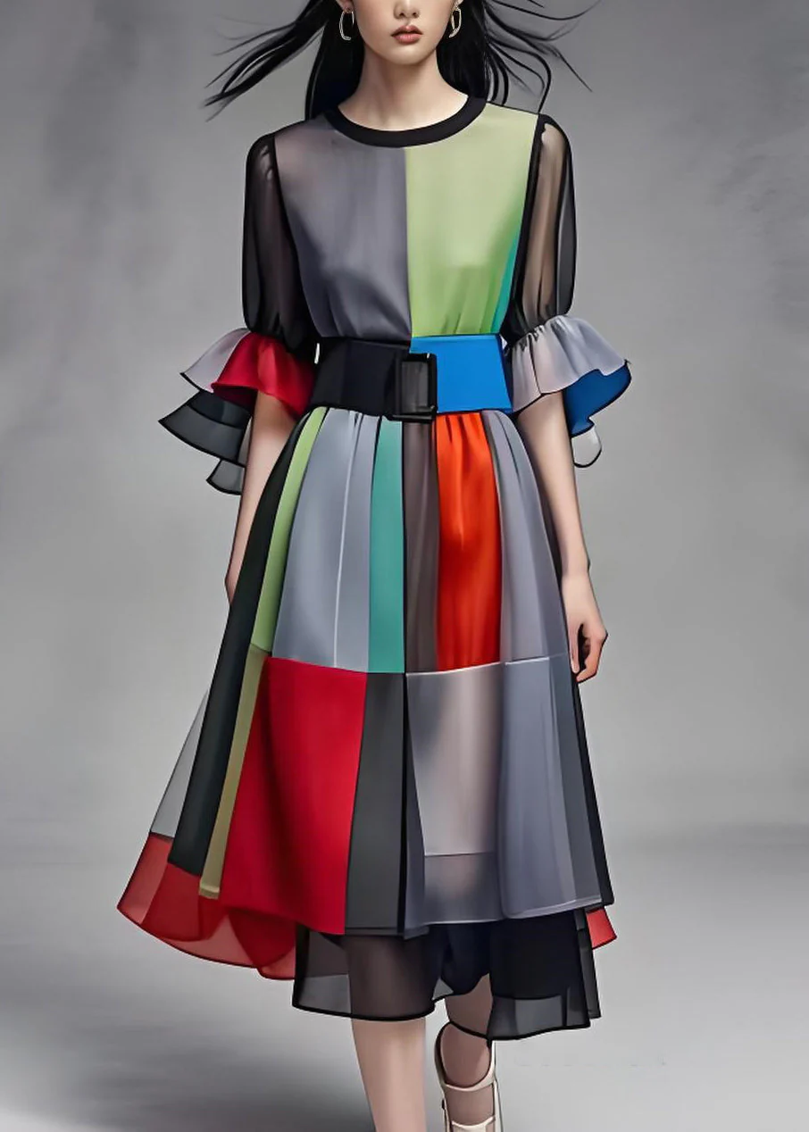 Art Colorblock O Neck Tie Waist Patchwork Chiffon Dress Summer - Image 2