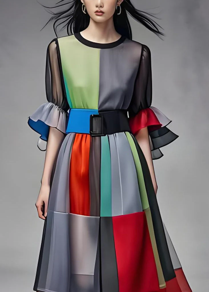 Art Colorblock O Neck Tie Waist Patchwork Chiffon Dress Summer - Image 3