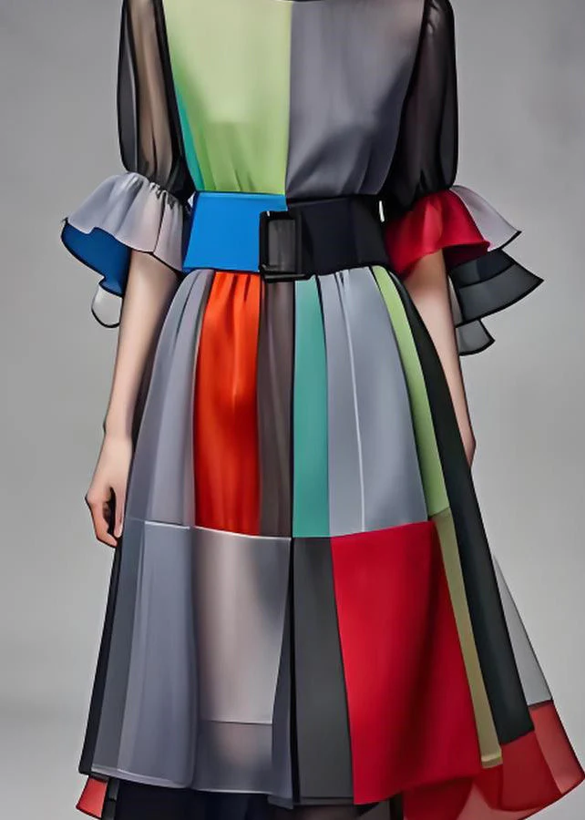 Art Colorblock O Neck Tie Waist Patchwork Chiffon Dress Summer - Image 4