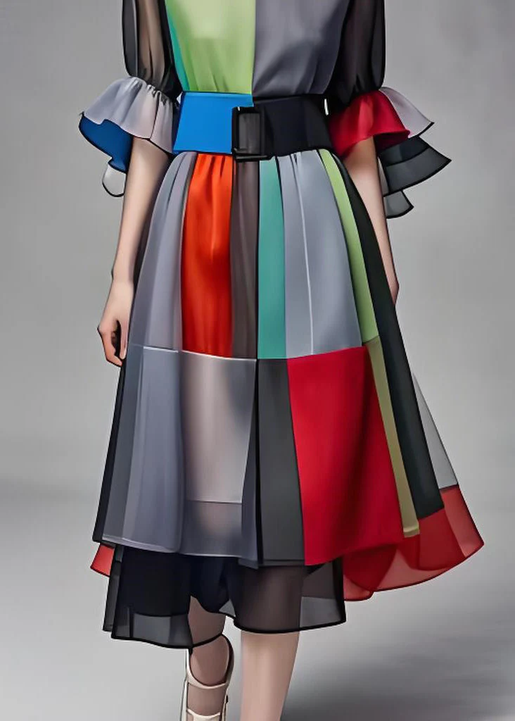 Art Colorblock O Neck Tie Waist Patchwork Chiffon Dress Summer - Image 5