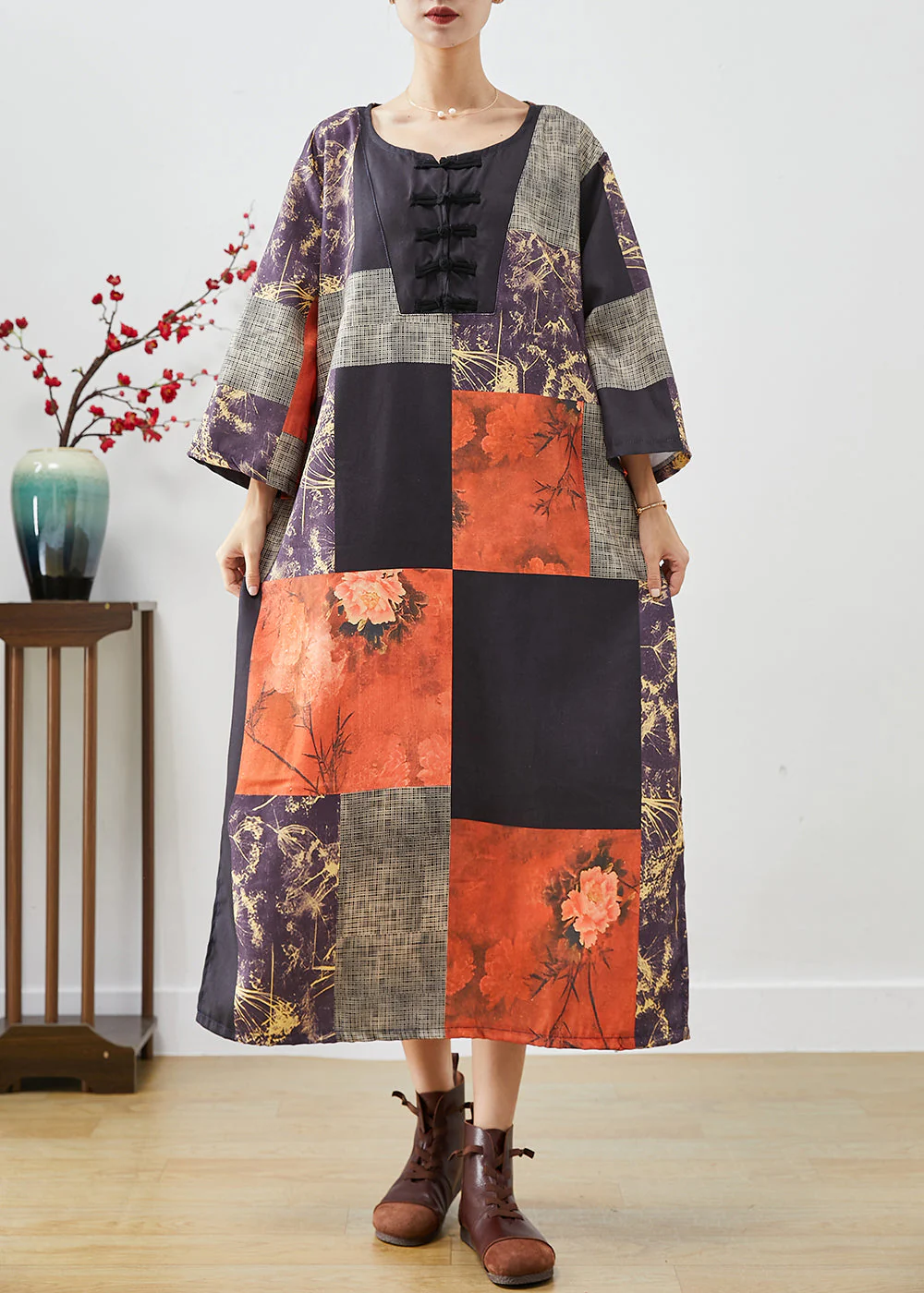 Art Colorblock Oversized Patchwork Print Linen Long Dresses Fall - Image 2