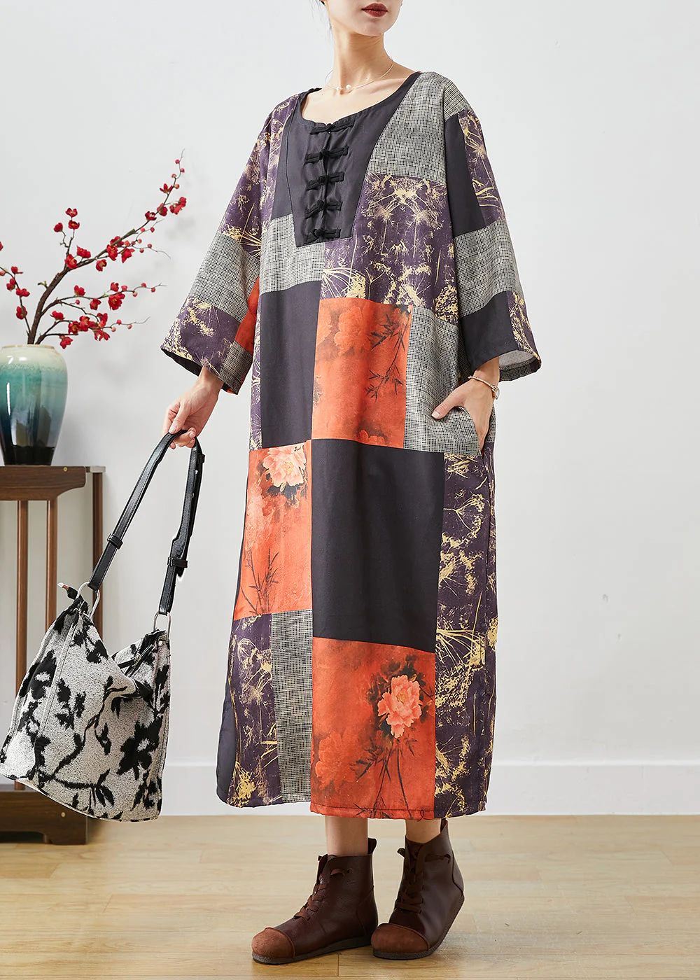 Art Colorblock Oversized Patchwork Print Linen Long Dresses Fall - Image 3