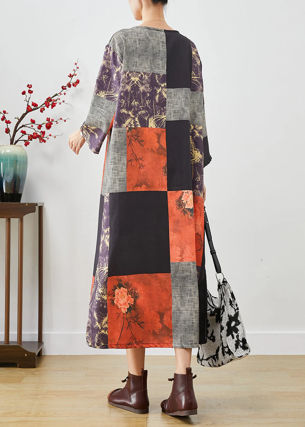 Art Colorblock Oversized Patchwork Print Linen Long Dresses Fall - Image 4