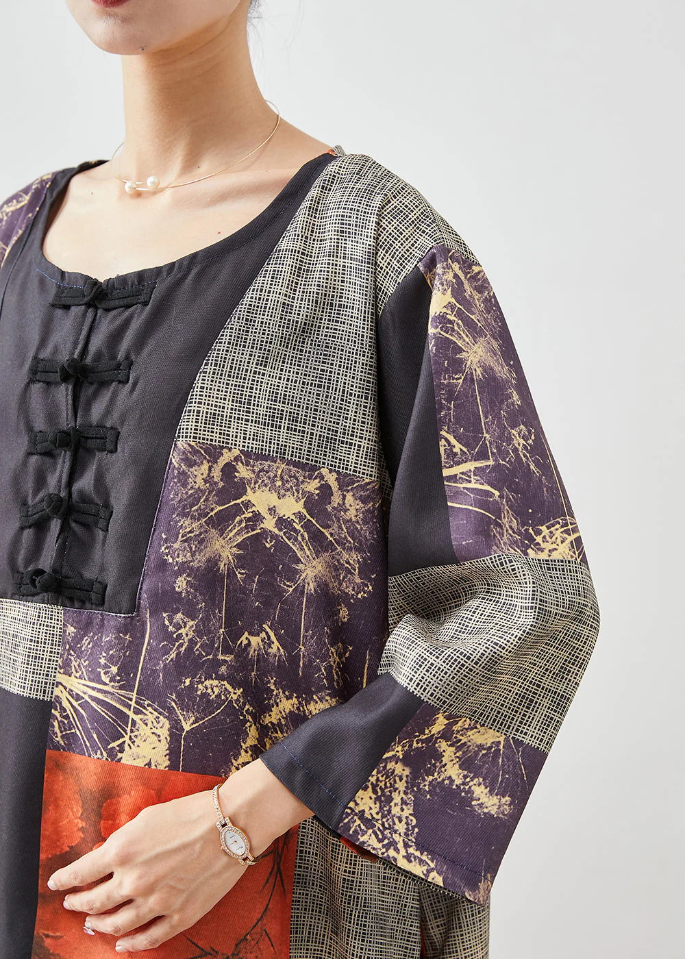 Art Colorblock Oversized Patchwork Print Linen Long Dresses Fall - Image 5