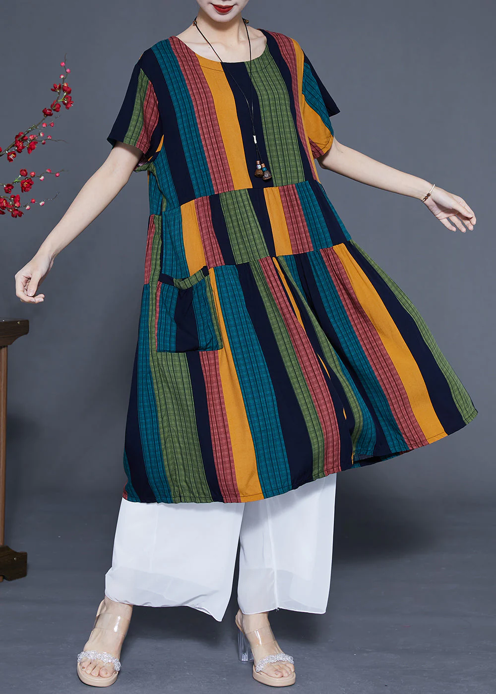 Art Colorblock Oversized Patchwork Striped Cotton Maxi Dresses Summer - Image 4