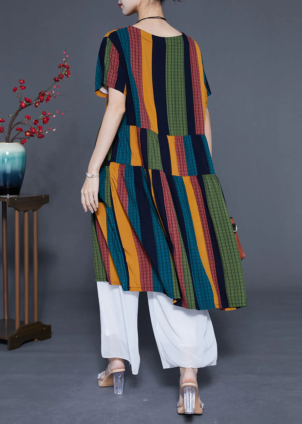Art Colorblock Oversized Patchwork Striped Cotton Maxi Dresses Summer - Image 5