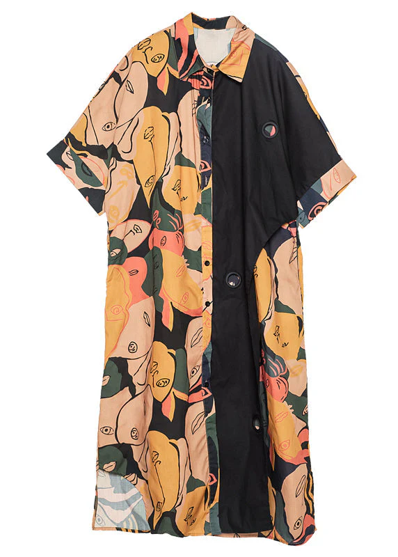 Art Colorblock Peter Pan Collar Patchwork Print Cotton Shirt Dress Spring - Image 5