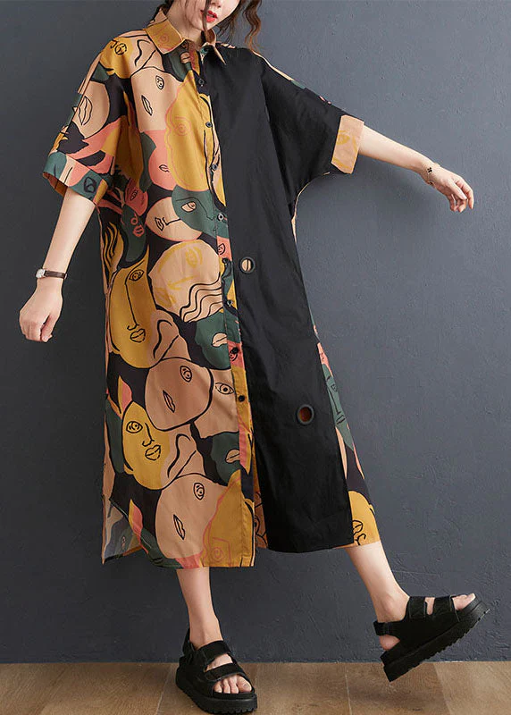 Art Colorblock Peter Pan Collar Side Open Graphic Patchwork Cotton Shirt Dress Batwing Sleeve - Image 2