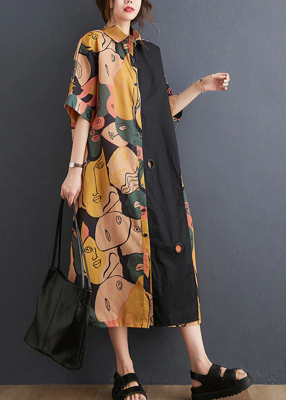 Art Colorblock Peter Pan Collar Side Open Graphic Patchwork Cotton Shirt Dress Batwing Sleeve - Image 3