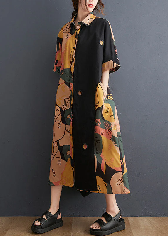 Art Colorblock Peter Pan Collar Side Open Graphic Patchwork Cotton Shirt Dress Batwing Sleeve - Image 4