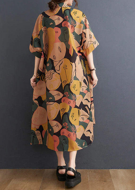 Art Colorblock Peter Pan Collar Side Open Graphic Patchwork Cotton Shirt Dress Batwing Sleeve - Image 5