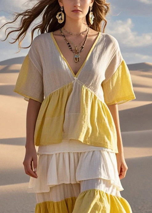 Art Colorblock Ruffled Patchwork Cotton Robe Dresses Summer - Image 2