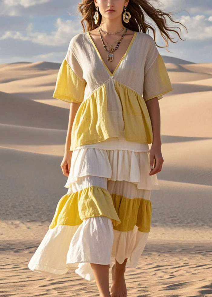 Art Colorblock Ruffled Patchwork Cotton Robe Dresses Summer - Image 3
