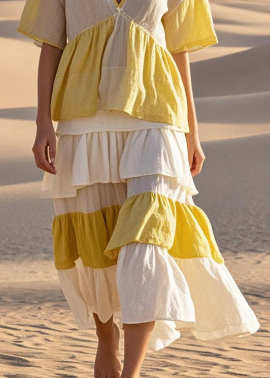Art Colorblock Ruffled Patchwork Cotton Robe Dresses Summer - Image 4