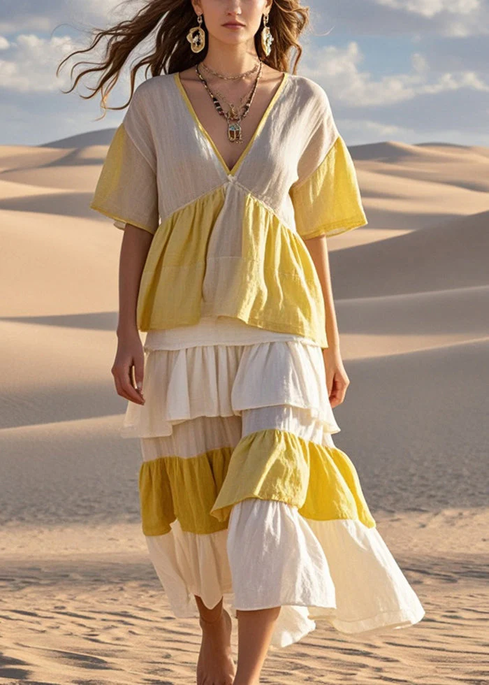 Art Colorblock Ruffled Patchwork Cotton Robe Dresses Summer - Image 5