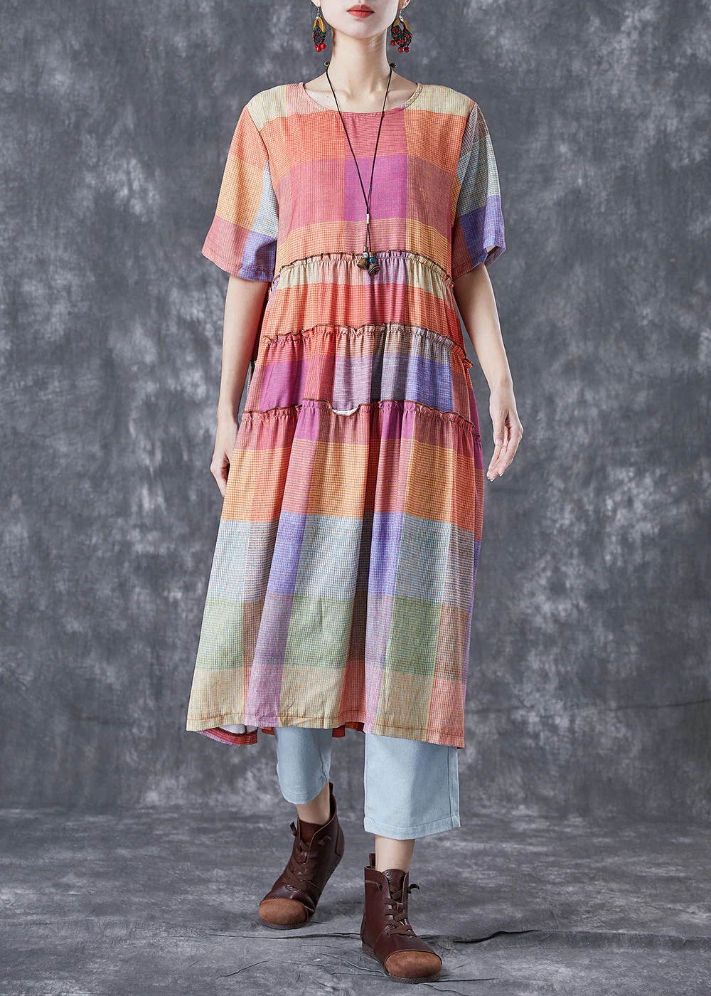 Art Colorblock Ruffled Plaid Cotton Dress Summer - Image 2