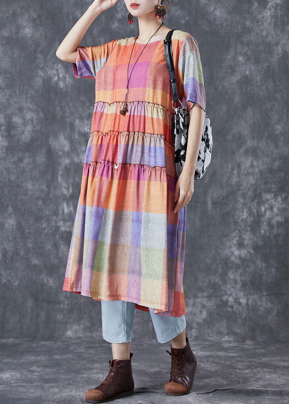 Art Colorblock Ruffled Plaid Cotton Dress Summer - Image 3
