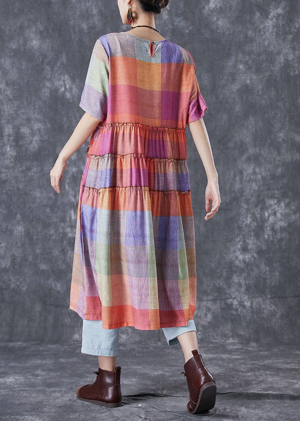 Art Colorblock Ruffled Plaid Cotton Dress Summer - Image 4