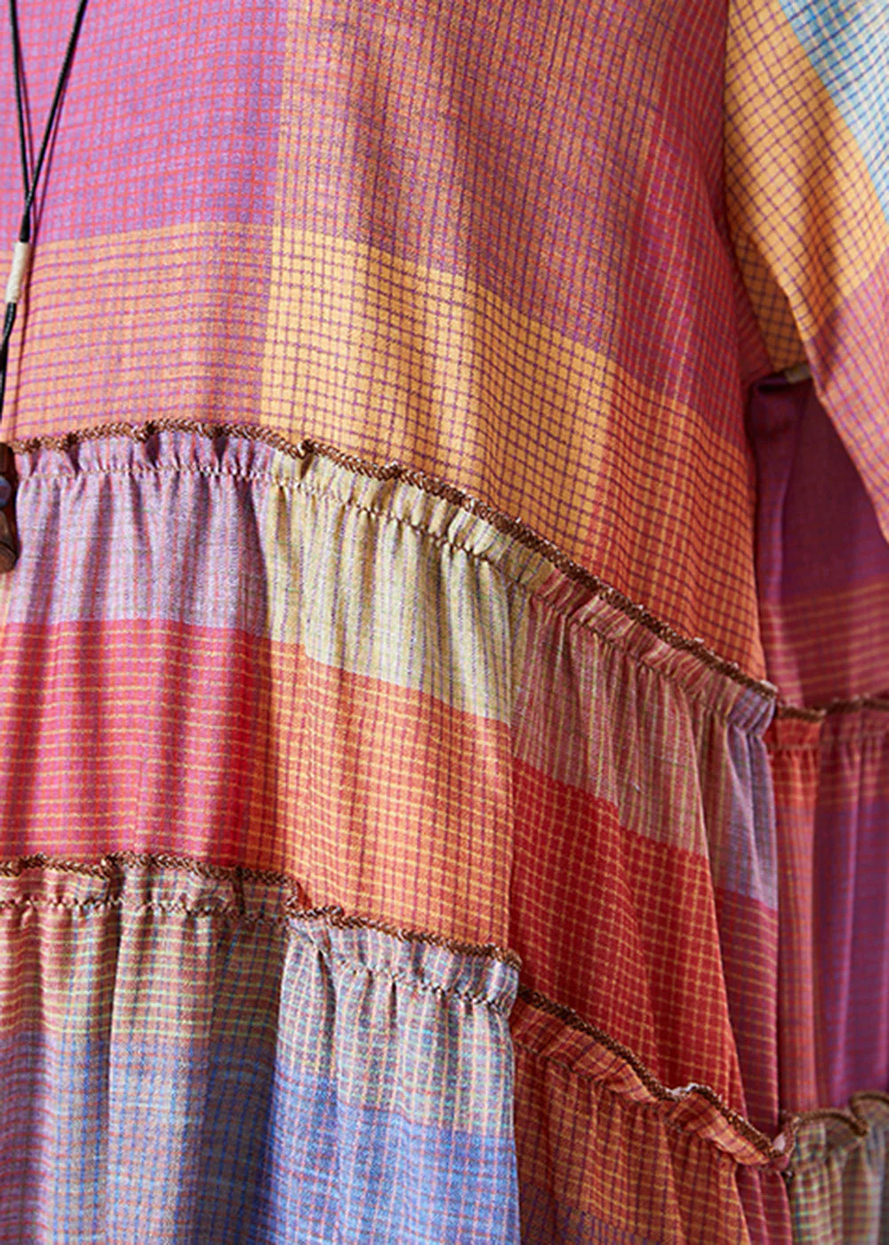 Art Colorblock Ruffled Plaid Cotton Dress Summer - Image 5