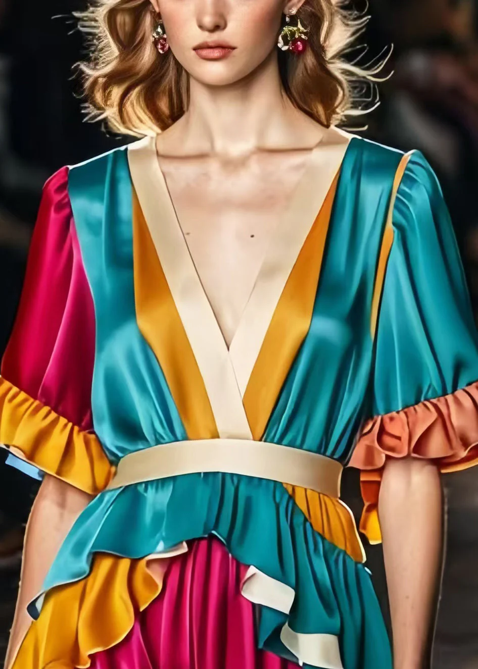 Art Colorblock Ruffles Patchwork Silk Maxi Dress Summer - Image 3