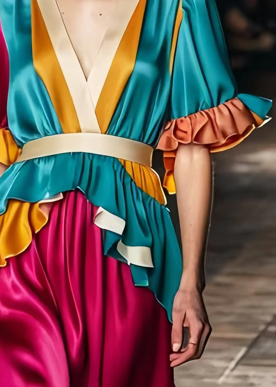 Art Colorblock Ruffles Patchwork Silk Maxi Dress Summer - Image 4