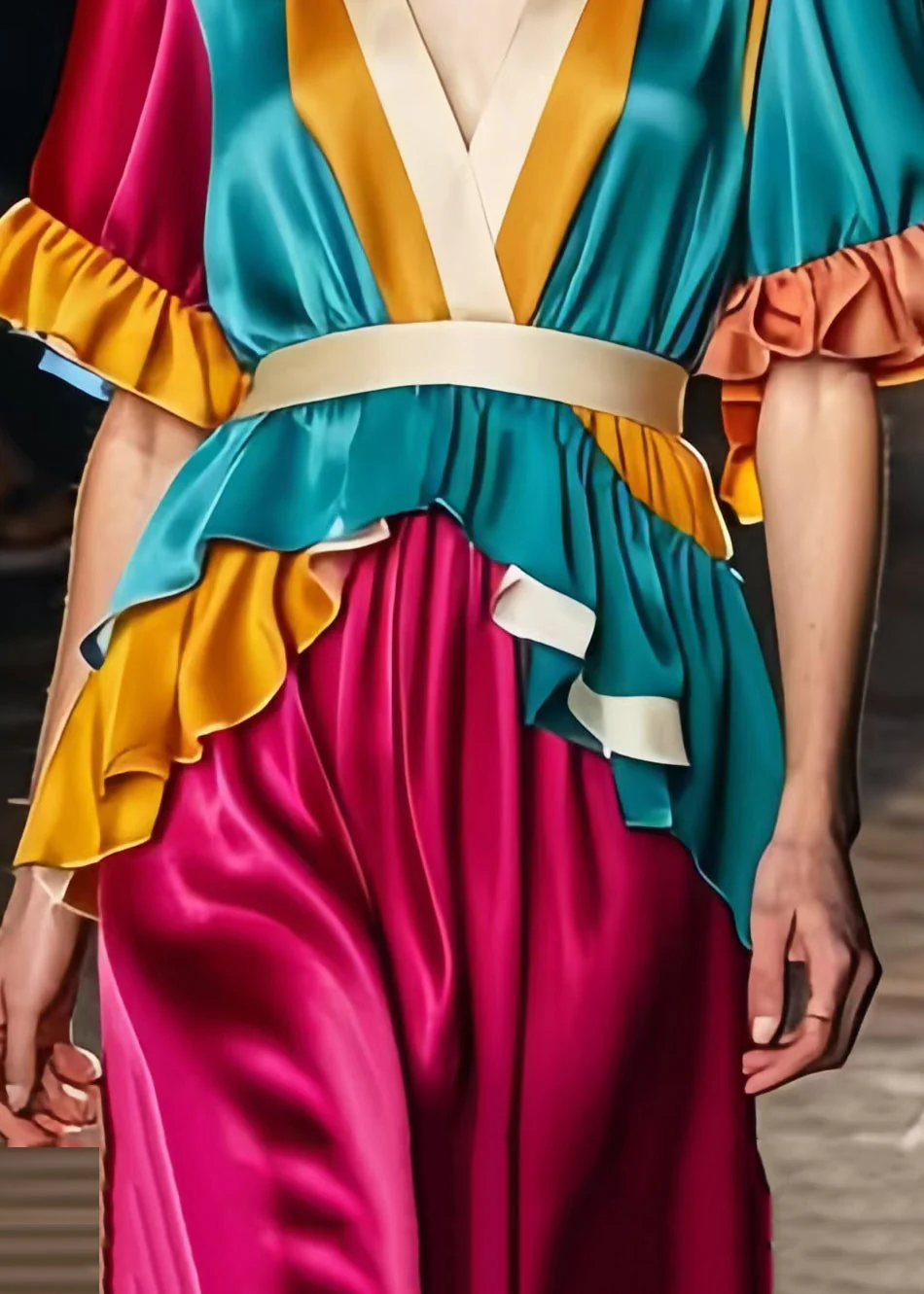 Art Colorblock Ruffles Patchwork Silk Maxi Dress Summer - Image 5