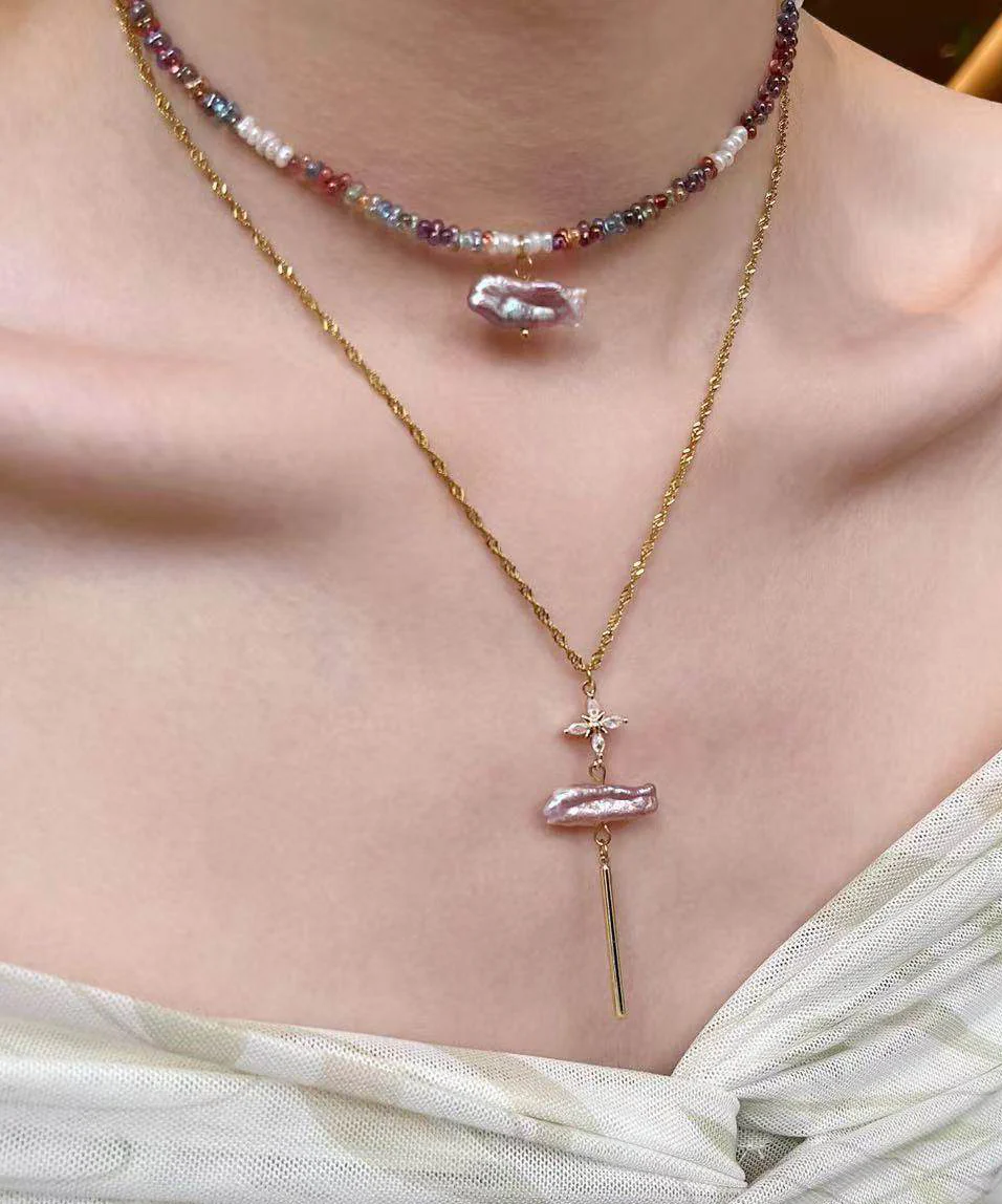Art Colorful Pearl Stringing Beads Layering Alloy Pendant Necklace Two Piece Set - Image 3