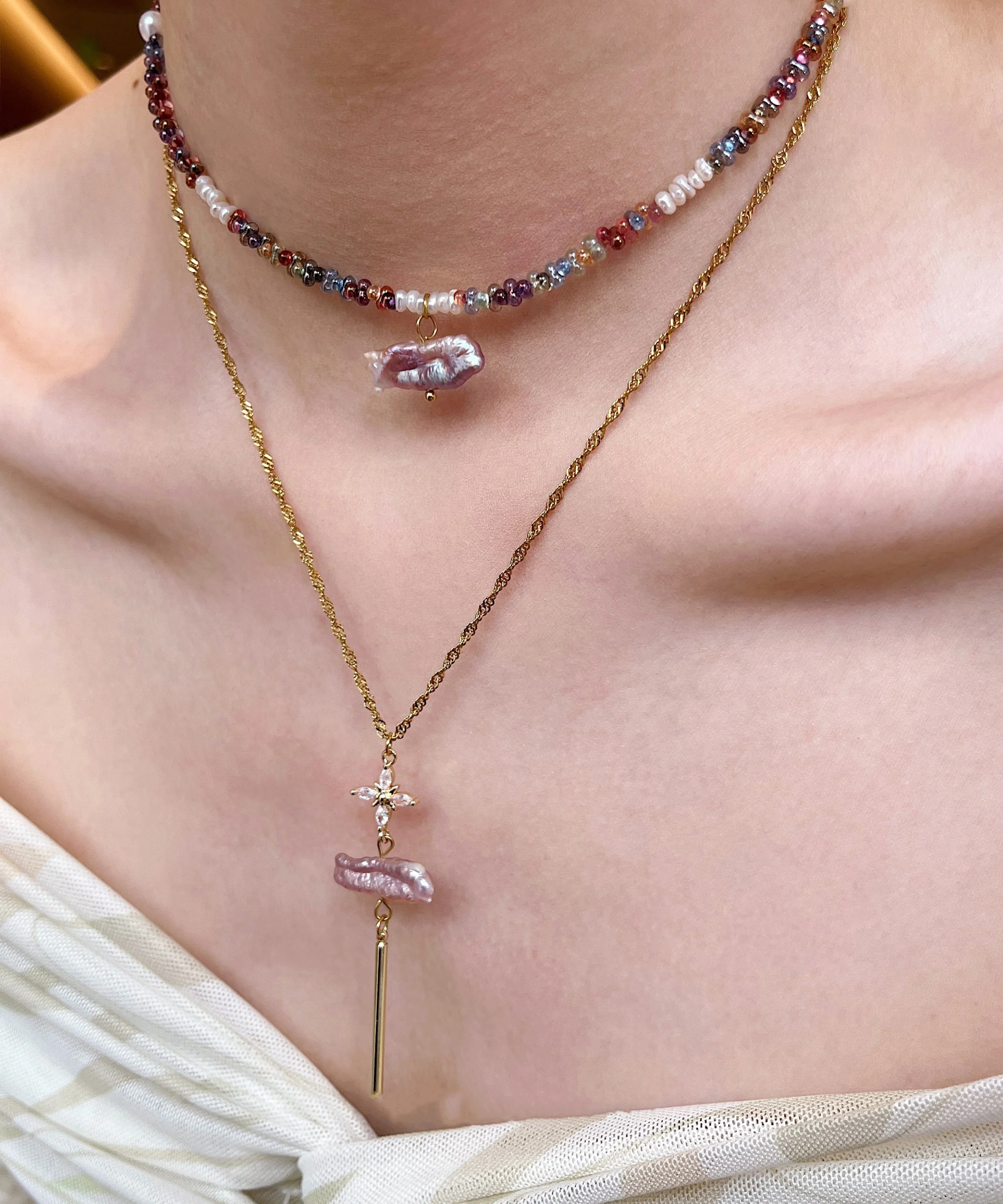 Art Colorful Pearl Stringing Beads Layering Alloy Pendant Necklace Two Piece Set - Image 5