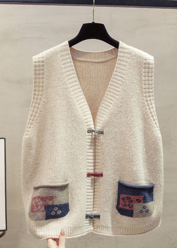 Art Dark Blue Chinese Button Patchwork Pockets Knitted Vests Winter - Image 4