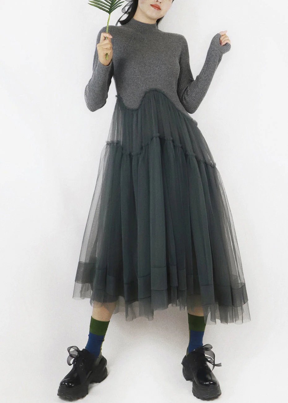 Art Dark Gray Asymmetrical Tulle Patchwork Sweater Dress Winter - Image 3