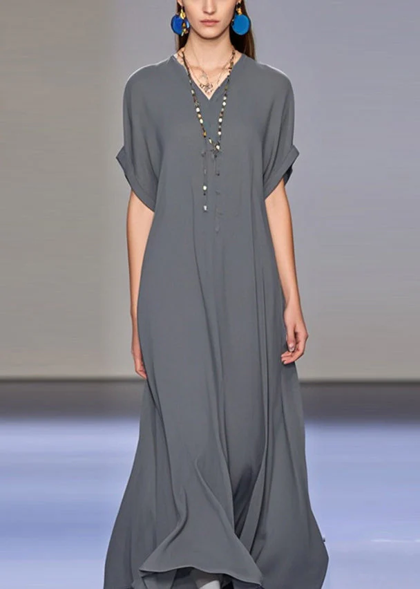 Art Dark Grey V Neck Draping Chiffon Maxi Dress Summer - Image 3
