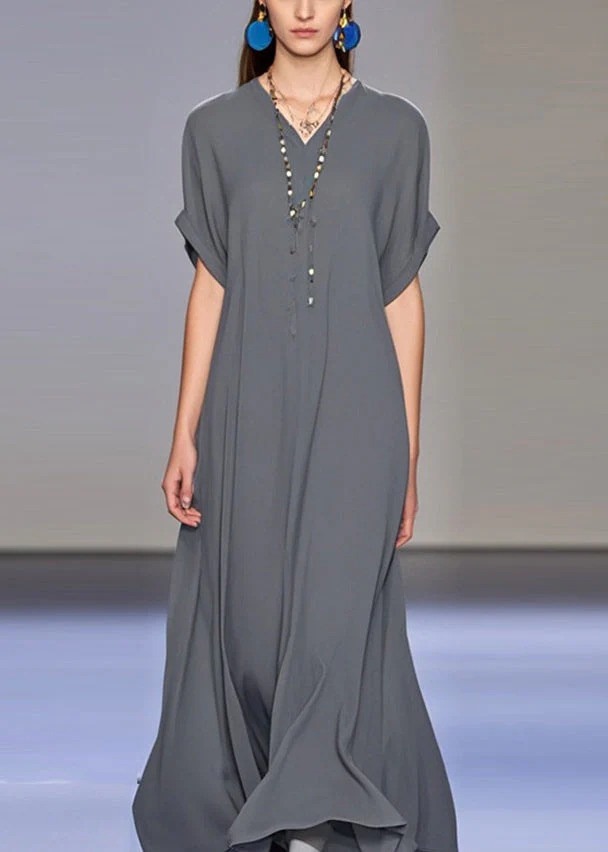 Art Dark Grey V Neck Draping Chiffon Maxi Dress Summer - Image 5