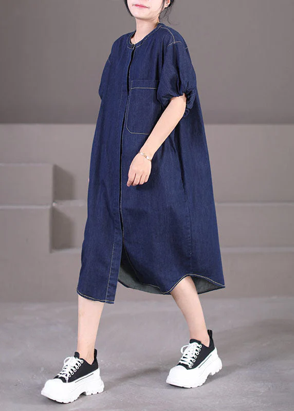 Art Denim Blue O-Neck Patchwork Cotton Shirt Dresses Lantern Sleeve - Image 2