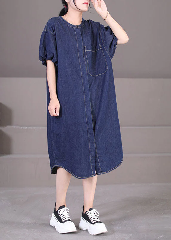 Art Denim Blue O-Neck Patchwork Cotton Shirt Dresses Lantern Sleeve - Image 3