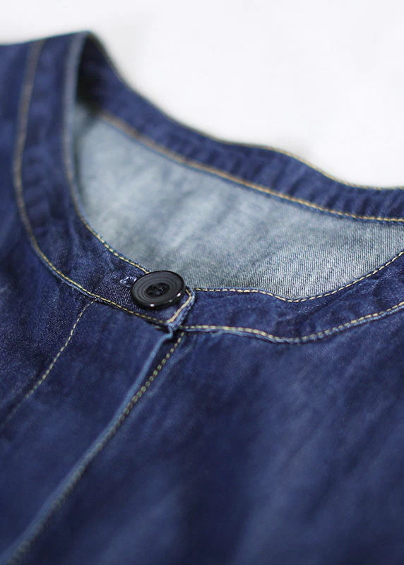 Art Denim Blue O-Neck Patchwork Cotton Shirt Dresses Lantern Sleeve - Image 4