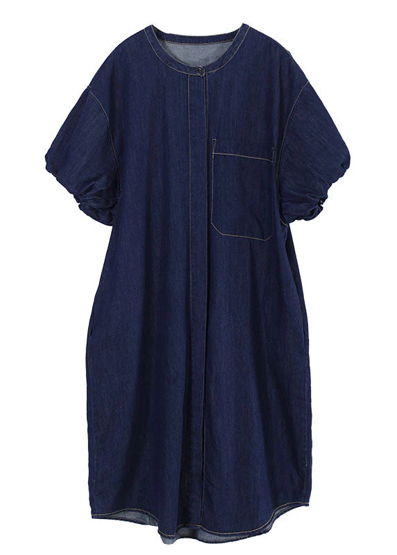 Art Denim Blue O-Neck Patchwork Cotton Shirt Dresses Lantern Sleeve - Image 5