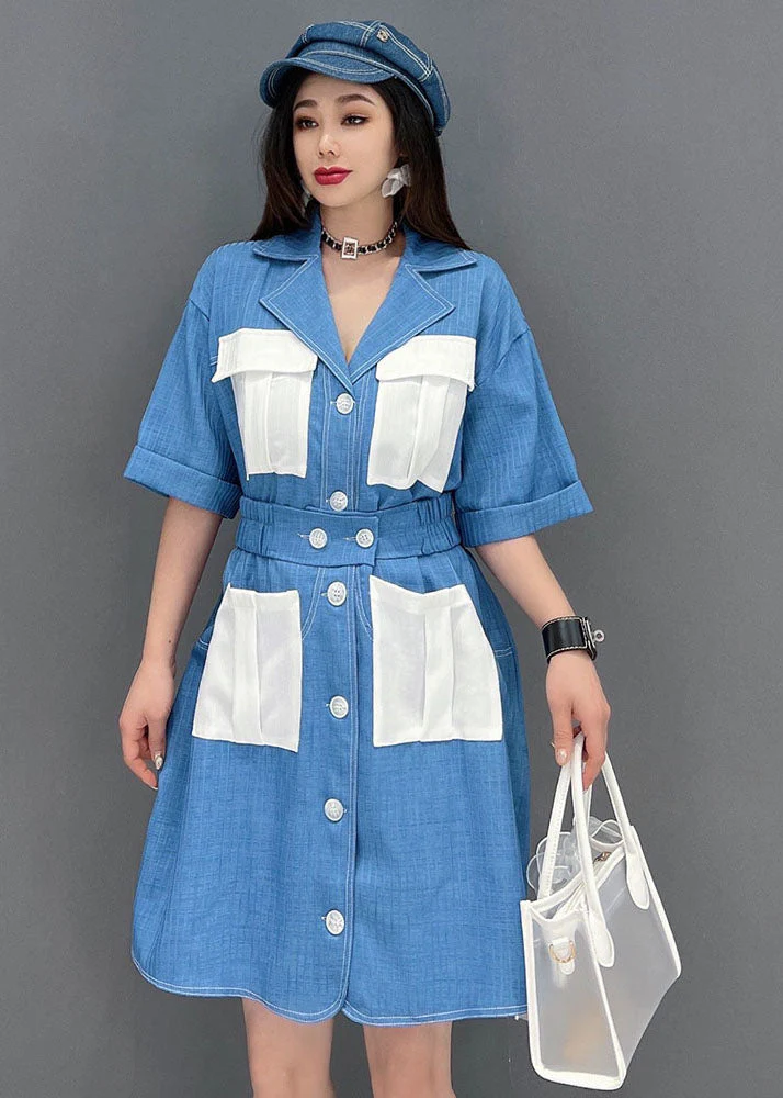 Art Denim Blue Peter Pan Collar Patchwork Pockets Cotton Holiday Dress Short Sleeve - Image 3